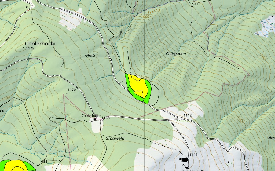Carte nationale swisstopo avec le périmètre protégé de Chäsgaden (Haut-marais)