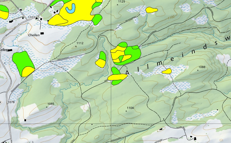 Landeskarte swisstopo mit dem Schutzperimeter von Chellen/Allmeindswald/Bendelried (Hochmoor)