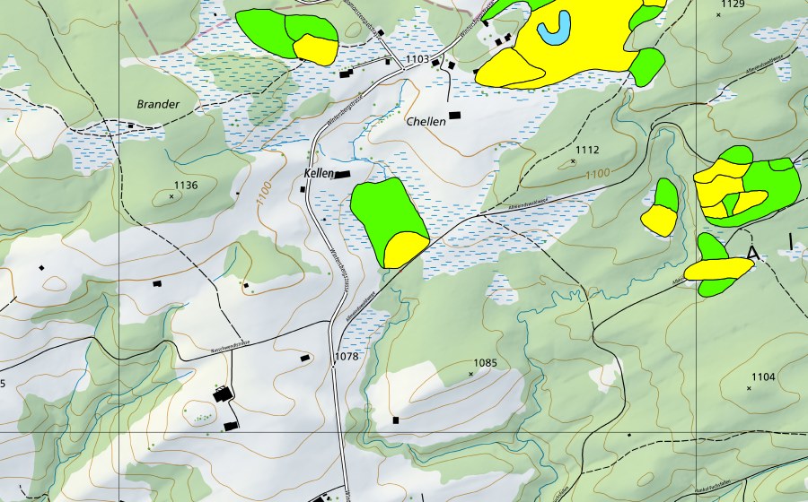 swisstopo national map showing the protected perimeter of Chellen/Allmeindswald/Bendelried (Raised bog)