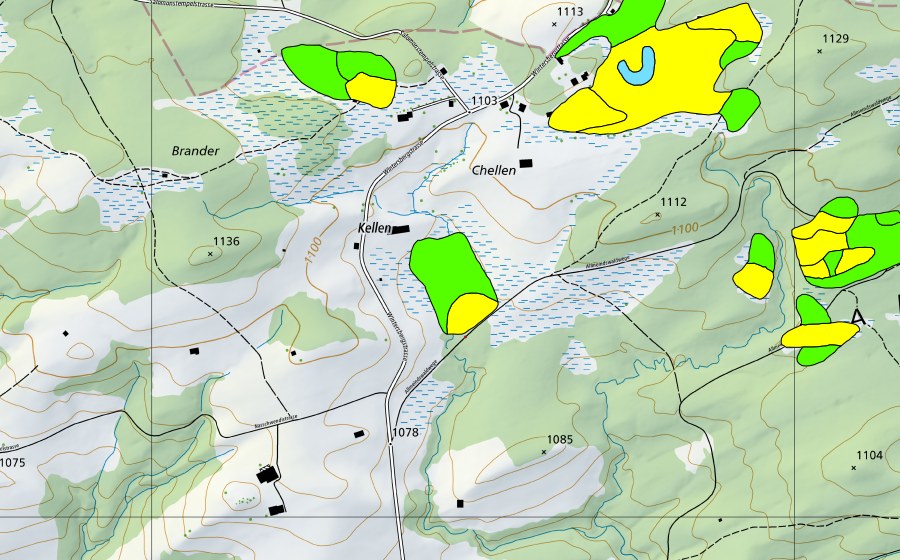 Landeskarte swisstopo mit dem Schutzperimeter von Chellen/Allmeindswald/Bendelried (Hochmoor)