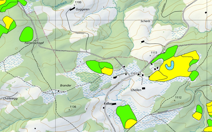 Carta nazionale swisstopo con il perimetro protetto di Chellen/Allmeindswald/Bendelried (Torbiera alta)