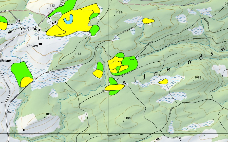 Landeskarte swisstopo mit dem Schutzperimeter von Chellen/Allmeindswald/Bendelried (Hochmoor)