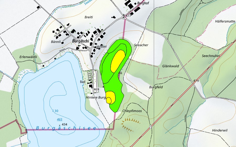 Landeskarte swisstopo mit dem Schutzperimeter von Chlepfimoos/Burgmoos (Hochmoor)