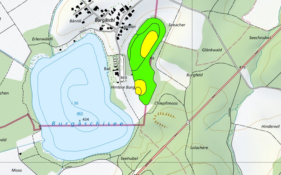 swisstopo national map showing the protected perimeter of Chlepfimoos/Burgmoos (Raised bog)