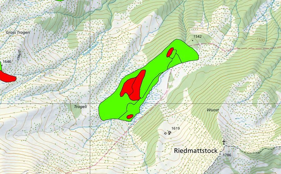 Carte nationale swisstopo avec le périmètre protégé de Chli Trogen (Haut-marais)