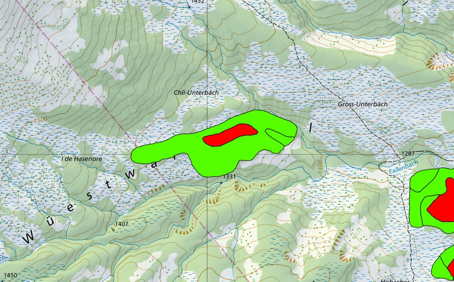 Landeskarte swisstopo mit dem Schutzperimeter von Chli Underbäch (Hochmoor)