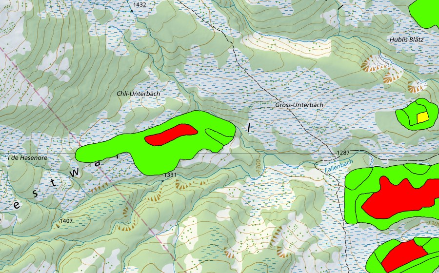 Landeskarte swisstopo mit dem Schutzperimeter von Chli Underbäch (Hochmoor)