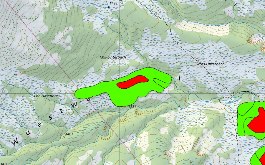 swisstopo national map showing the protected perimeter of Chli Underbäch (Raised bog)