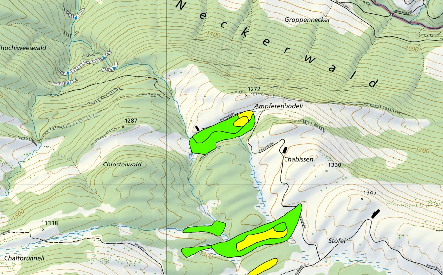 Carte nationale swisstopo avec le périmètre protégé de Chlosterwald-Moore/Ampferenbödeli (Haut-marais)