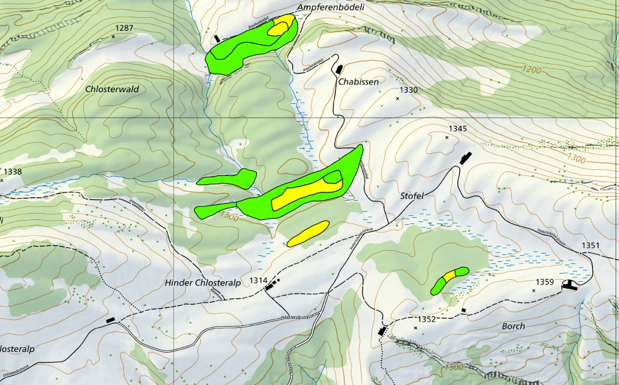 Landeskarte swisstopo mit dem Schutzperimeter von Chlosterwald-Moore/Ampferenbödeli (Hochmoor)