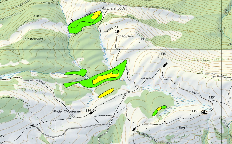 Carte nationale swisstopo avec le périmètre protégé de Chlosterwald-Moore/Ampferenbödeli (Haut-marais)