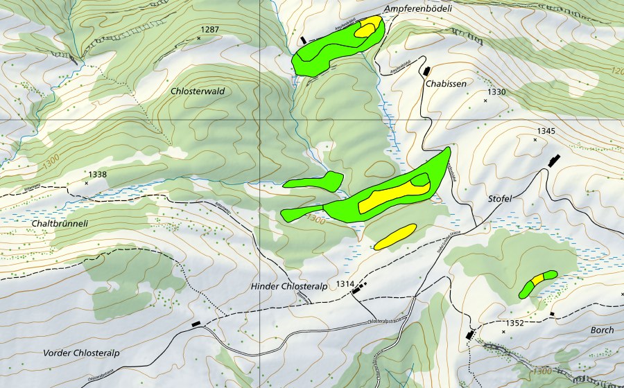 swisstopo national map showing the protected perimeter of Chlosterwald-Moore/Ampferenbödeli (Raised bog)