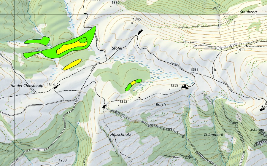Carte nationale swisstopo avec le périmètre protégé de Chlosterwald-Moore/Ampferenbödeli (Haut-marais)