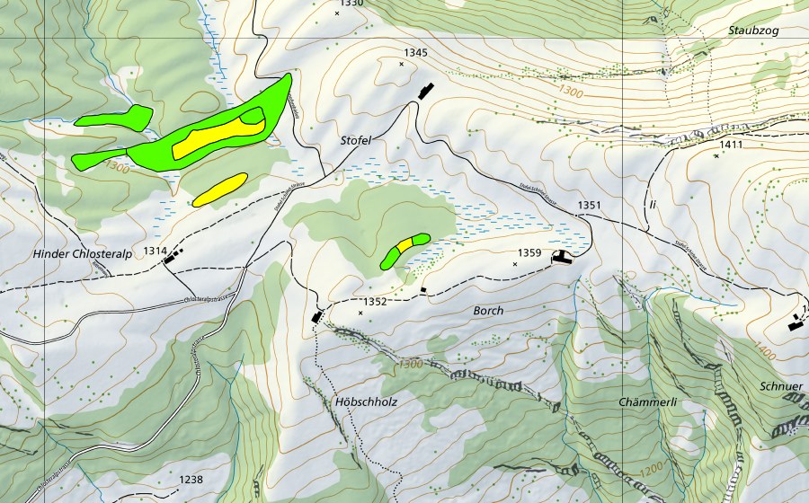 Carte nationale swisstopo avec le périmètre protégé de Chlosterwald-Moore/Ampferenbödeli (Haut-marais)