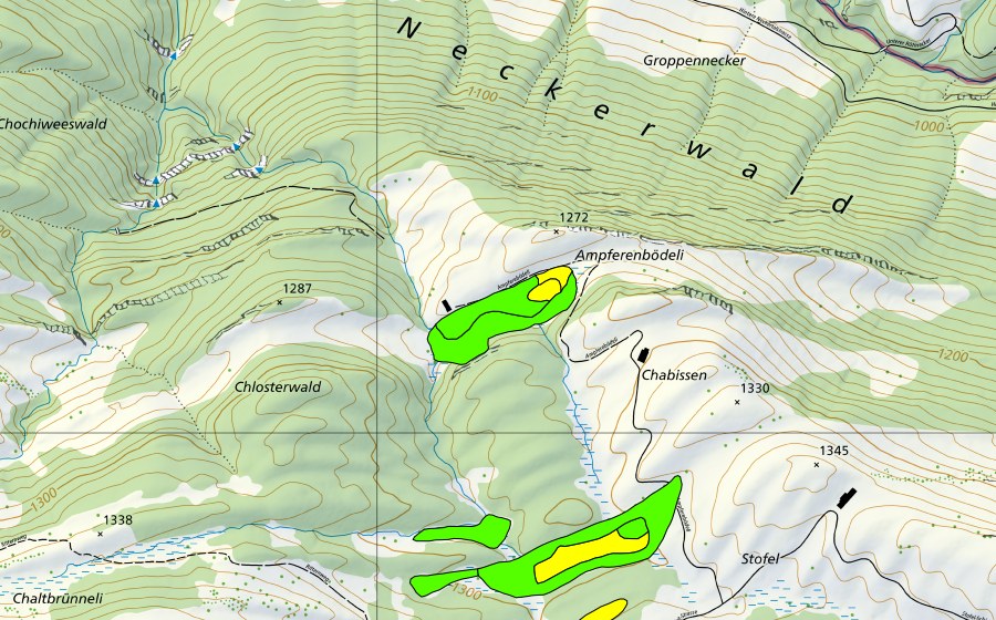 Carte nationale swisstopo avec le périmètre protégé de Chlosterwald-Moore/Ampferenbödeli (Haut-marais)