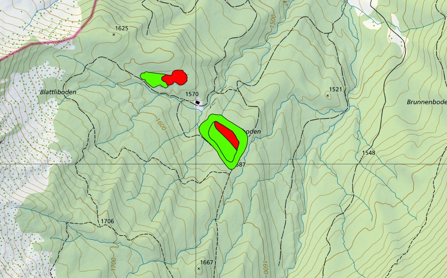 swisstopo national map showing the protected perimeter of Chlusboden/Blattligboden (Raised bog)