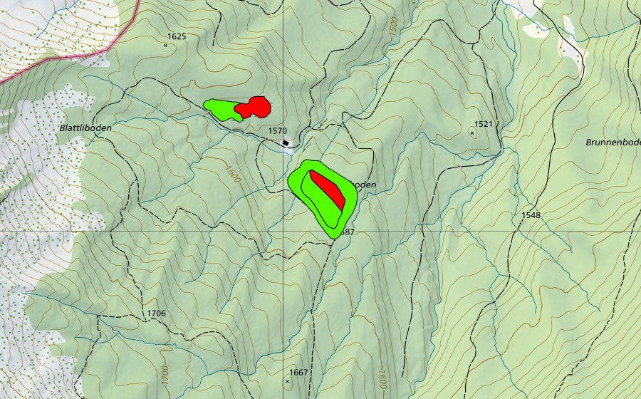 Carte nationale swisstopo avec le périmètre protégé de Chlusboden/Blattligboden (Haut-marais)