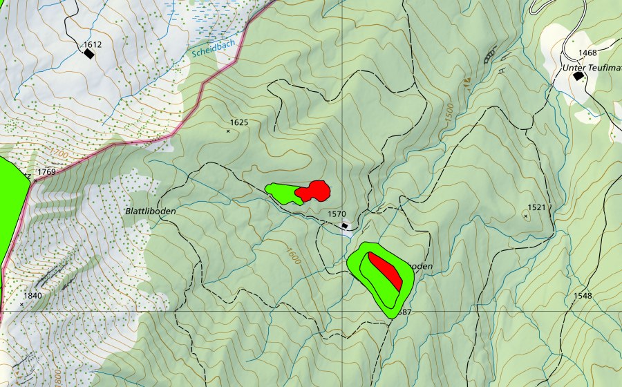 Carte nationale swisstopo avec le périmètre protégé de Chlusboden/Blattligboden (Haut-marais)