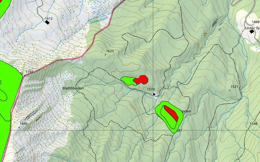 swisstopo national map showing the protected perimeter of Chlusboden/Blattligboden (Raised bog)