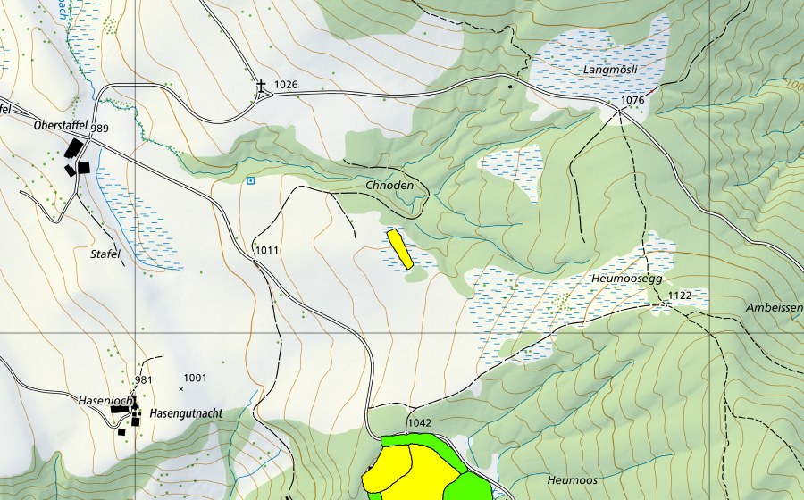 swisstopo national map showing the protected perimeter of Chnoden/Heumoos (Raised bog)