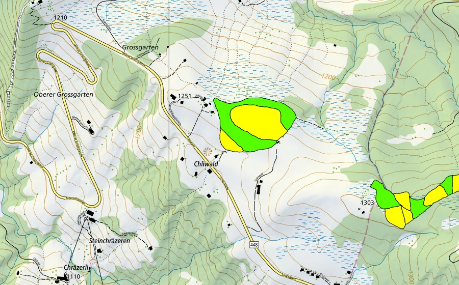 Carte nationale swisstopo avec le périmètre protégé de Cholwald Schwägalp (Haut-marais)
