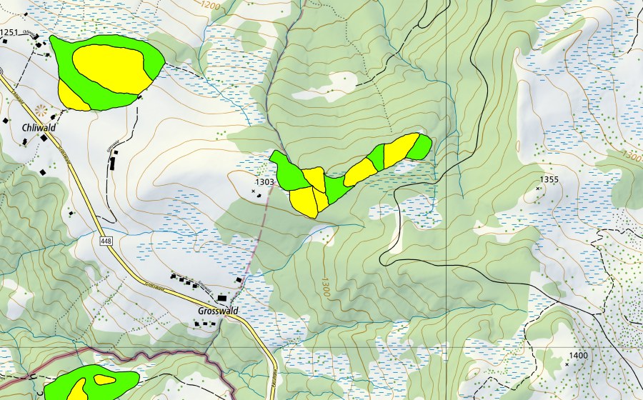 Carte nationale swisstopo avec le périmètre protégé de Cholwald Schwägalp (Haut-marais)