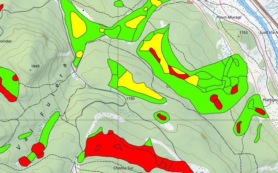 Carte nationale swisstopo avec le périmètre protégé de Choma Suot-Palüd Chapè (Haut-marais)