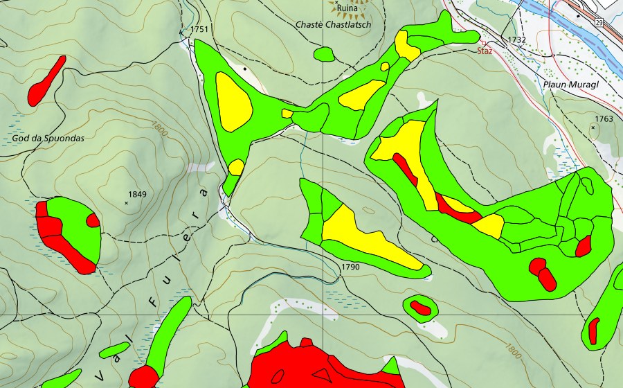 swisstopo national map showing the protected perimeter of Choma Suot-Palüd Chapè (Raised bog)