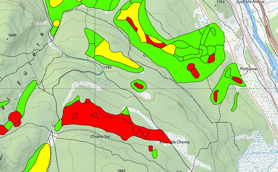 Carte nationale swisstopo avec le périmètre protégé de Choma Suot-Palüd Chapè (Haut-marais)