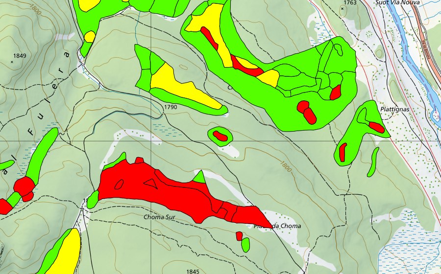 Carte nationale swisstopo avec le périmètre protégé de Choma Suot-Palüd Chapè (Haut-marais)