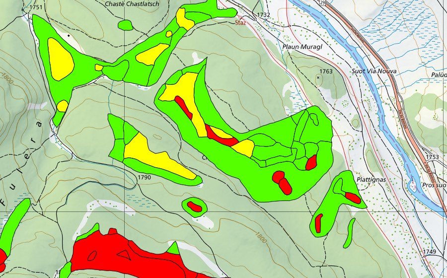 Landeskarte swisstopo mit dem Schutzperimeter von Choma Suot-Palüd Chapè (Hochmoor)