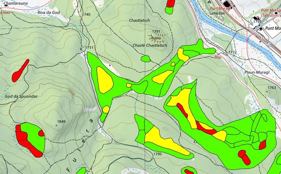 Landeskarte swisstopo mit dem Schutzperimeter von Choma Suot-Palüd Chapè (Hochmoor)