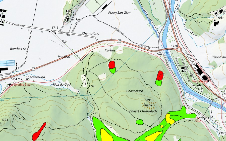 Landeskarte swisstopo mit dem Schutzperimeter von Choma Suot-Palüd Chapè (Hochmoor)