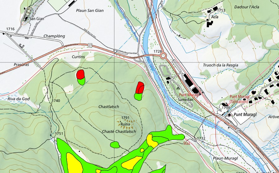 Landeskarte swisstopo mit dem Schutzperimeter von Choma Suot-Palüd Chapè (Hochmoor)