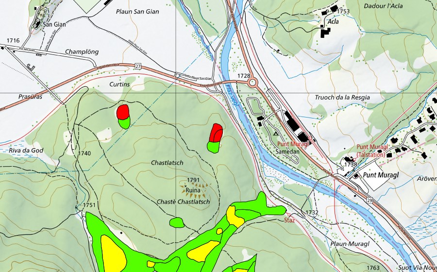 swisstopo national map showing the protected perimeter of Choma Suot-Palüd Chapè (Raised bog)