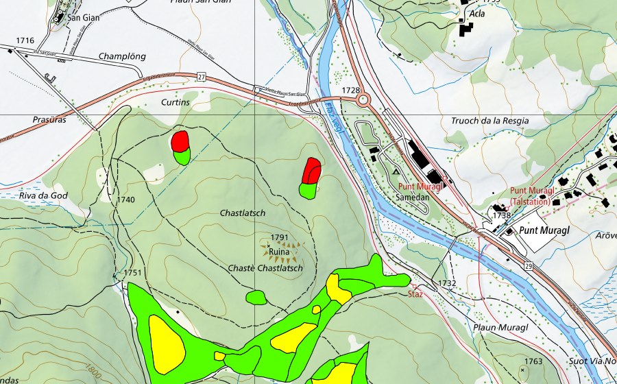 Landeskarte swisstopo mit dem Schutzperimeter von Choma Suot-Palüd Chapè (Hochmoor)