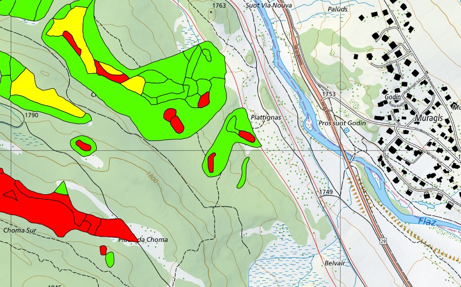 Landeskarte swisstopo mit dem Schutzperimeter von Choma Suot-Palüd Chapè (Hochmoor)