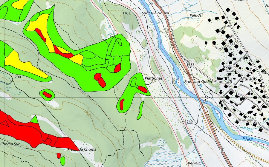 Carte nationale swisstopo avec le périmètre protégé de Choma Suot-Palüd Chapè (Haut-marais)