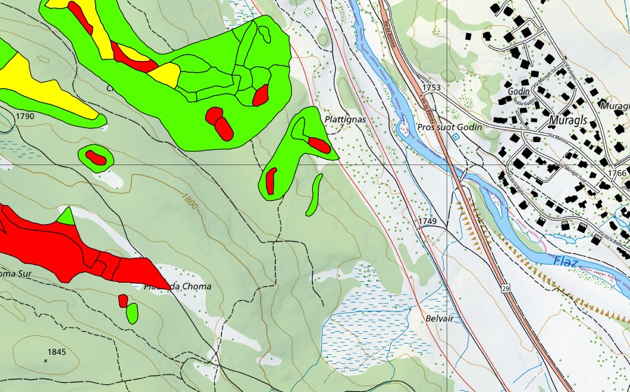 Landeskarte swisstopo mit dem Schutzperimeter von Choma Suot-Palüd Chapè (Hochmoor)