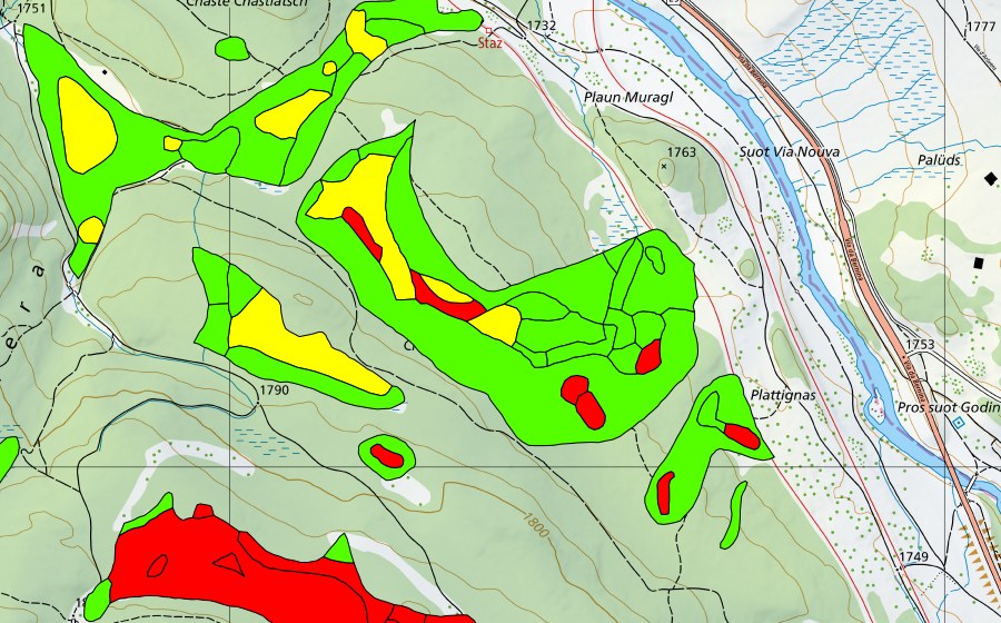 swisstopo national map showing the protected perimeter of Choma Suot-Palüd Chapè (Raised bog)