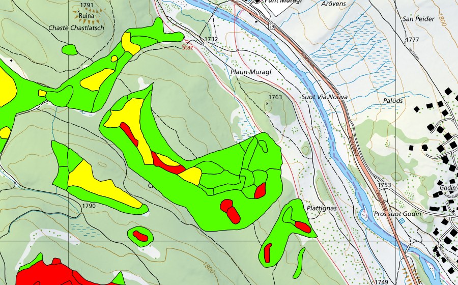 swisstopo national map showing the protected perimeter of Choma Suot-Palüd Chapè (Raised bog)