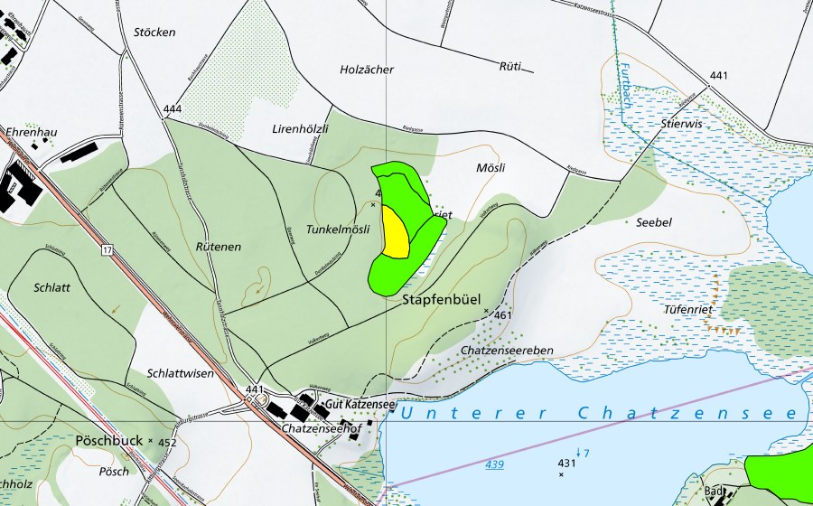swisstopo national map showing the protected perimeter of Chräenriet (Raised bog)