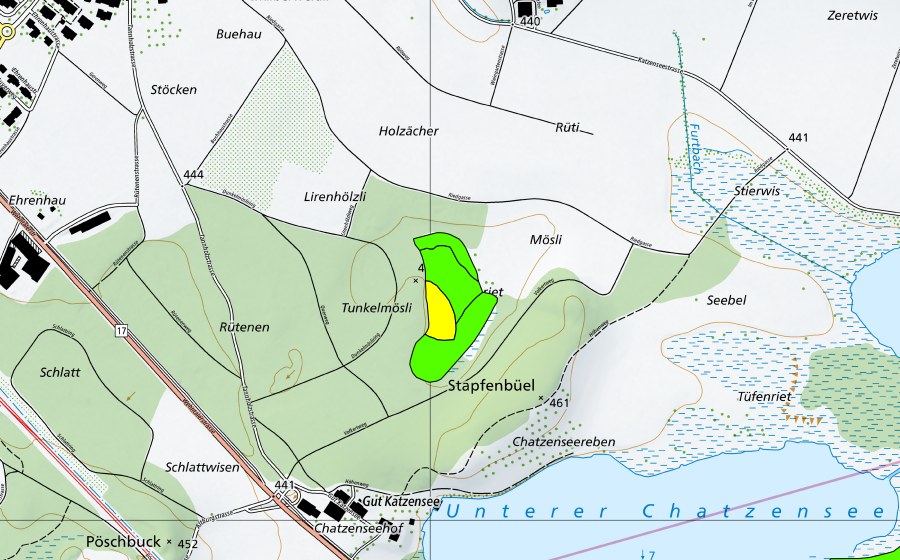 Carte nationale swisstopo avec le périmètre protégé de Chräenriet (Haut-marais)
