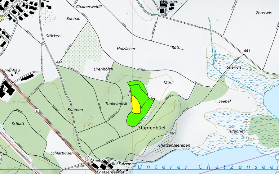 Carte nationale swisstopo avec le périmètre protégé de Chräenriet (Haut-marais)