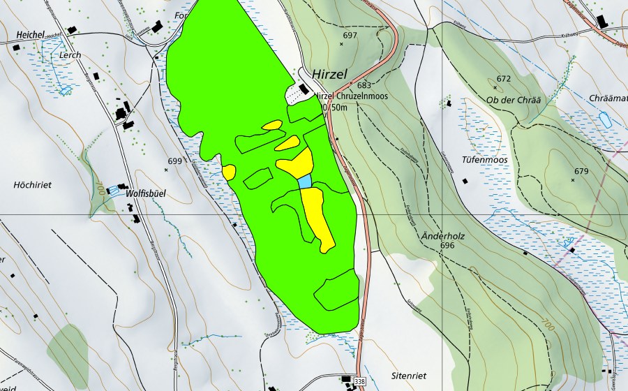 Carte nationale swisstopo avec le périmètre protégé de Chrutzelenmoos (Haut-marais)