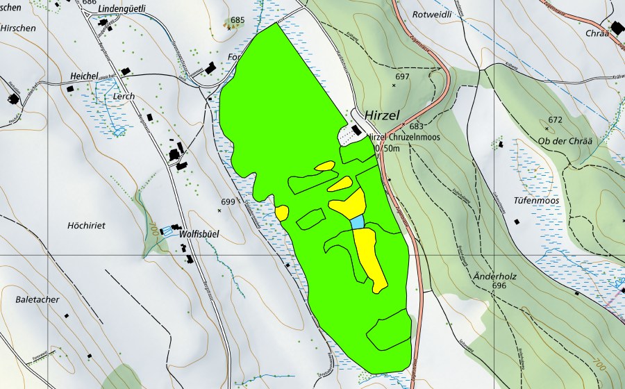 Carte nationale swisstopo avec le périmètre protégé de Chrutzelenmoos (Haut-marais)