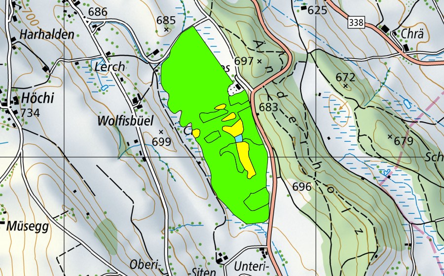 swisstopo national map showing the protected perimeter of Chrutzelenmoos (Raised bog)