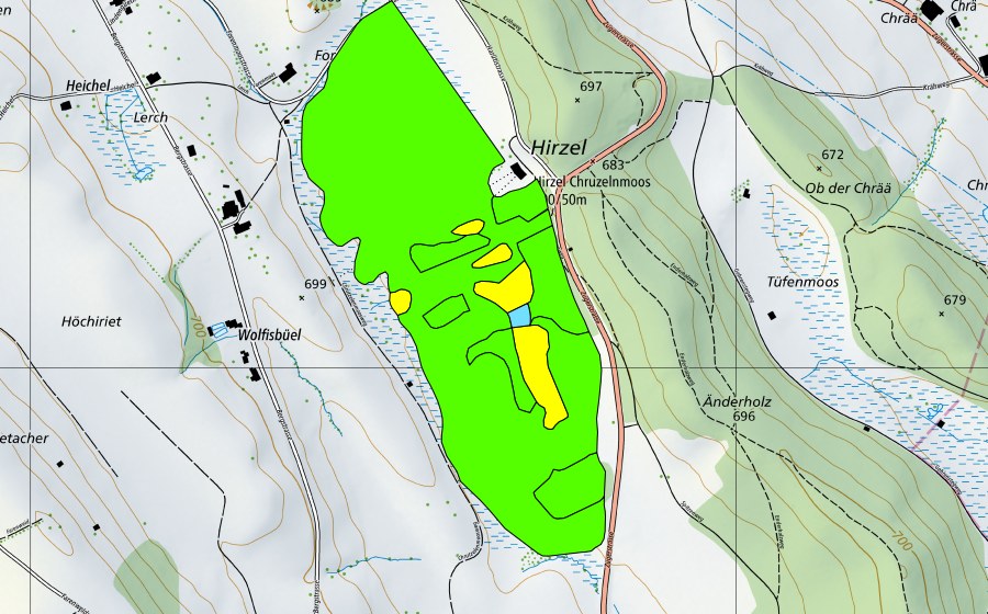 Carte nationale swisstopo avec le périmètre protégé de Chrutzelenmoos (Haut-marais)