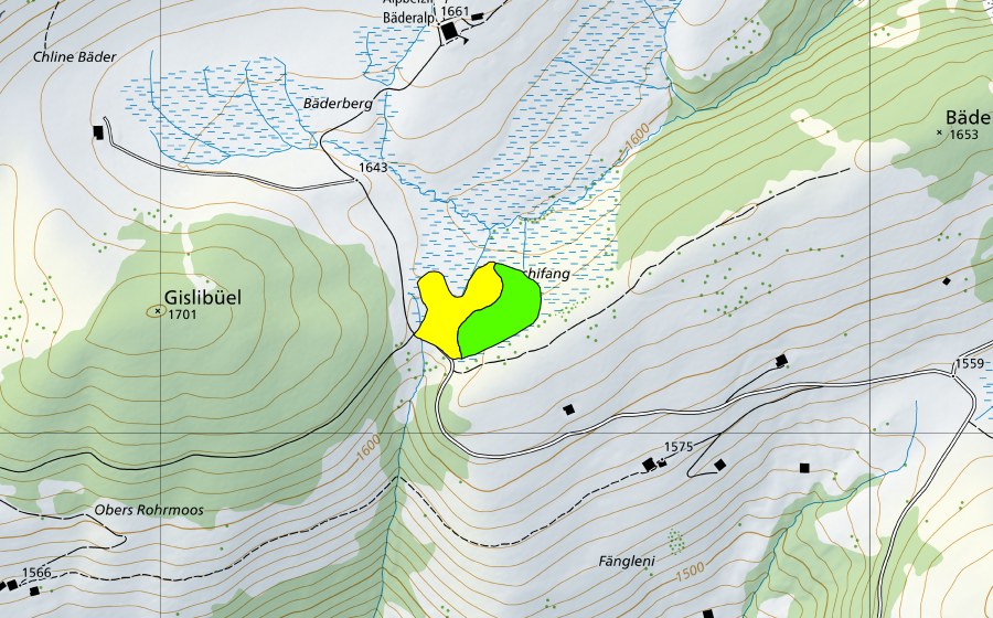 Landeskarte swisstopo mit dem Schutzperimeter von Chuchifang (Hochmoor)
