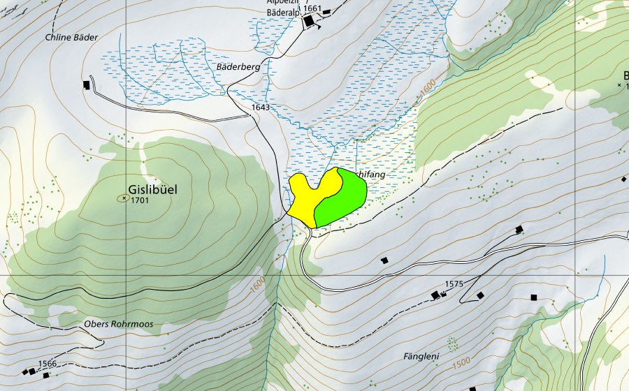 Landeskarte swisstopo mit dem Schutzperimeter von Chuchifang (Hochmoor)
